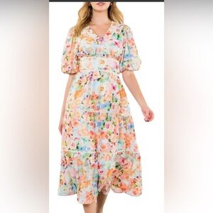 THML tiered watercolor floral maxi dress short bubble sleeves V-neckline size XS